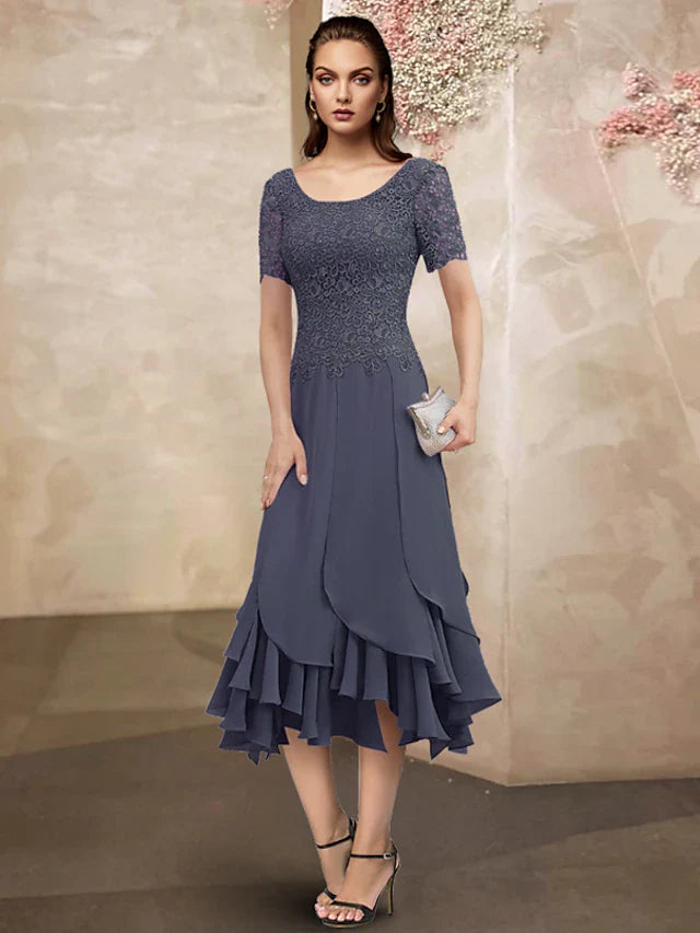 Wholesale Mermaid / Trumpet Mother of the Bride Dress Elegant High Low Jewel Neck Asymmetrical Tea Length Chiffon Lace Short Sleeve Wrap Included with Lace Ruffles