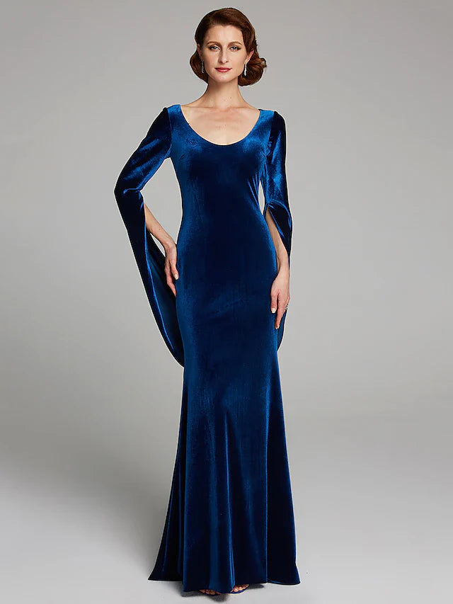 Wholesale Mermaid / Trumpet Mother of the Bride Dress Vintage Plus Size Sexy Scoop Neck Sweep / Brush Train Velvet Long Sleeve with Pleats