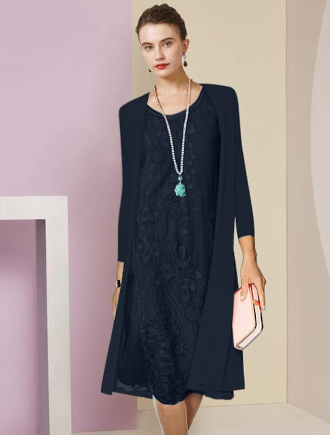 Wholesale  Two Piece Sheath / Column Mother of the Bride Dress Formal Wedding Guest Elegant Scoop Neck Knee Length Chiffon Lace Half Sleeve Jacket Dresses with Appliques