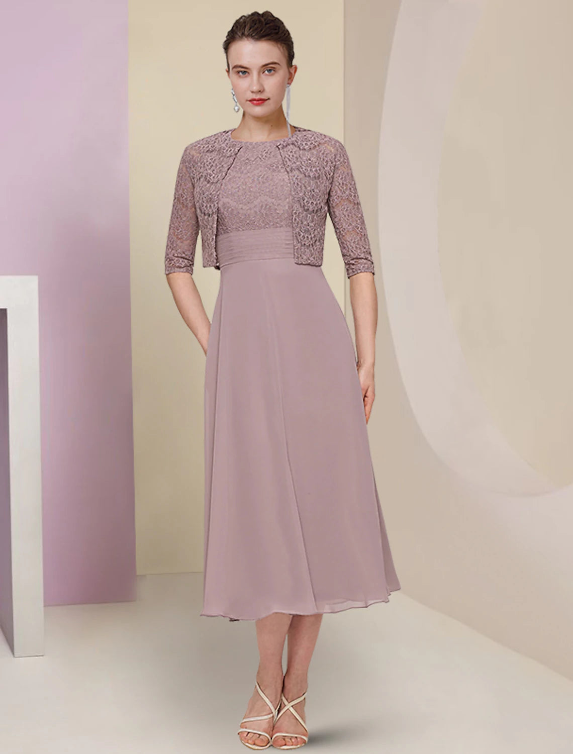 Wholesale  Two Piece Mother of the Bride Dress Wedding Guest Church Elegant Jewel Neck Tea Length Chiffon Lace Half Sleeve with Solid