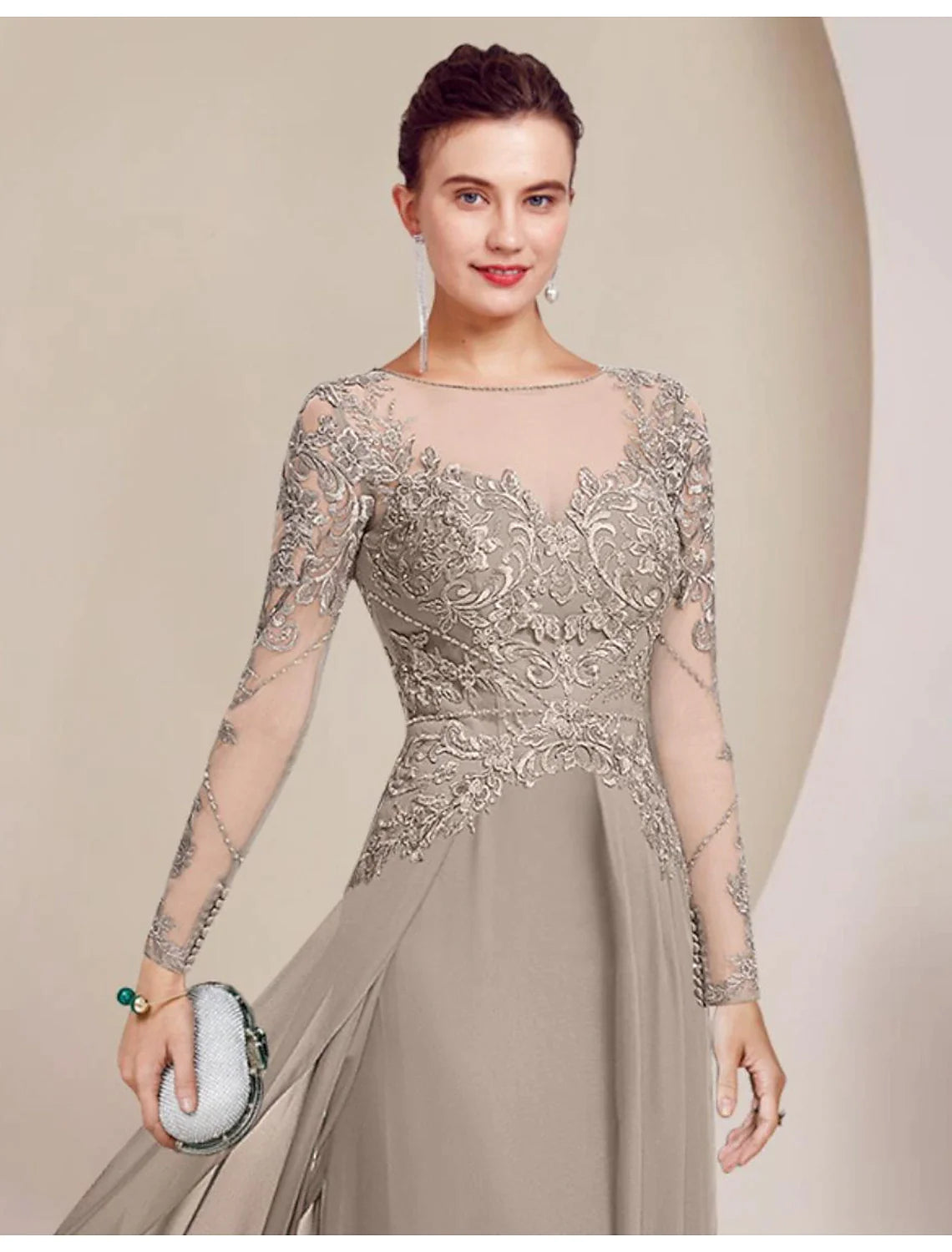 Wholesale Sheath / Column Mother of the Bride Dress Formal Wedding Guest Elegant Scoop Neck Floor Length Chiffon Lace Long Sleeve with Beading Appliques