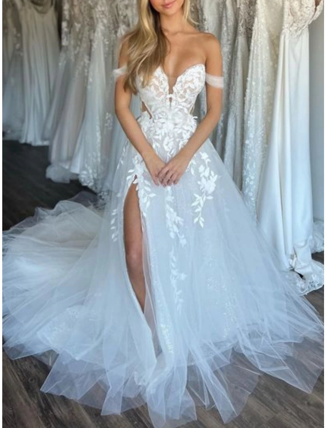 Wholesale Beach Formal Wedding Dresses A-Line Off Shoulder Sleeveless Court Train Lace Bridal Gowns With Pleats Split Front
