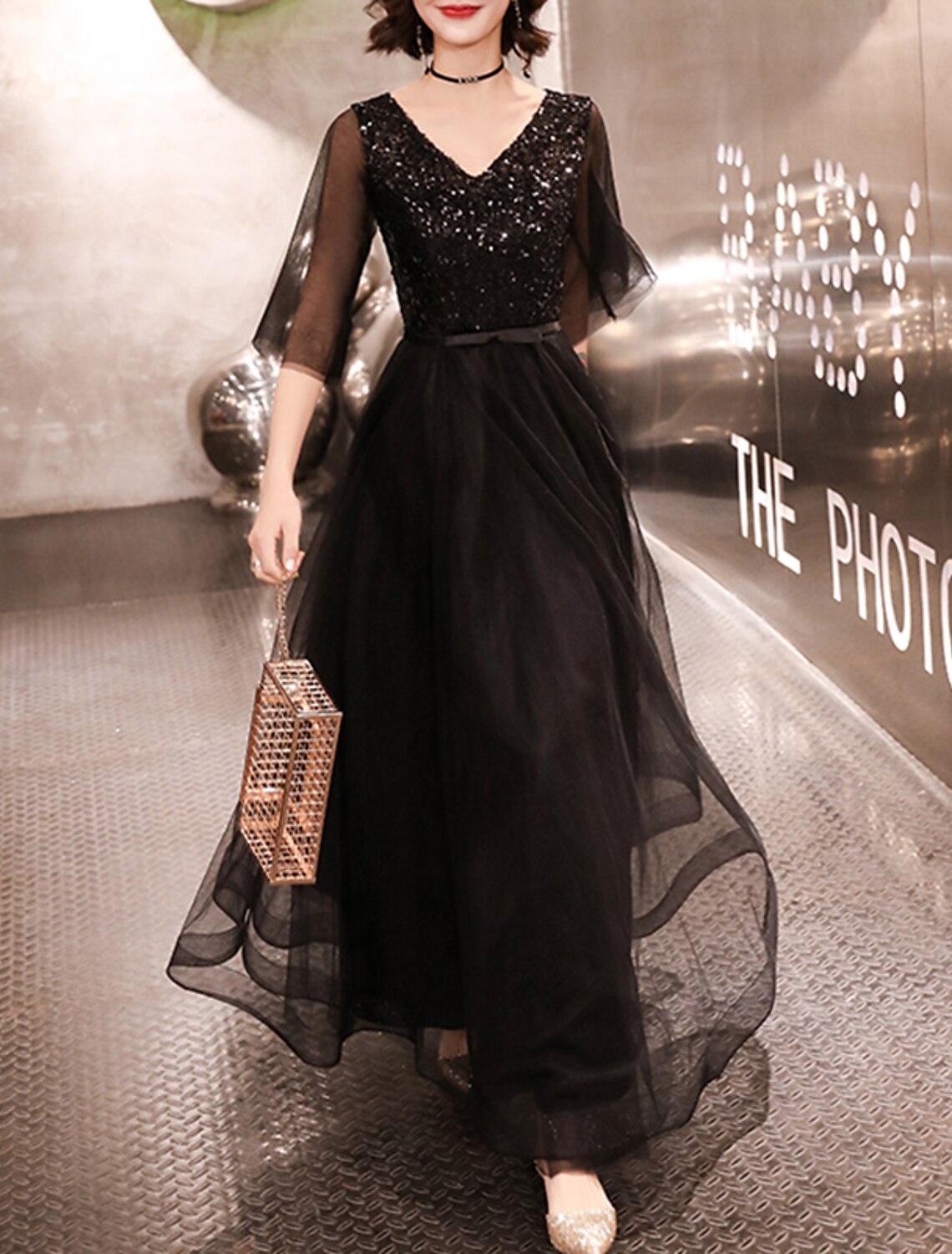 Wholesale A-Line Evening Gown Sparkle Dress Wedding Guest Formal Evening Floor Length Half Sleeve V Neck Tulle with Sequin