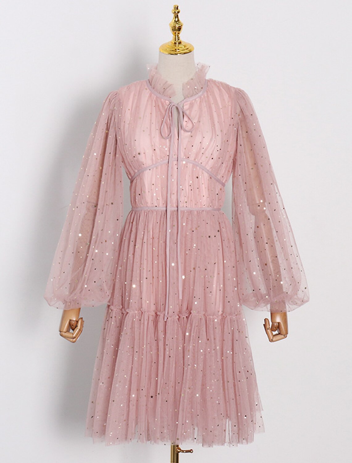 Wholesale A-Line Party Dresses Vintage Dress Homecoming Graduation Knee Length Long Sleeve High Neck Tulle with Glitter