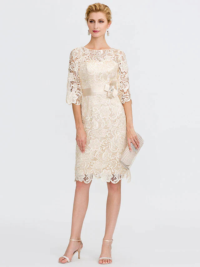 Wholesale Sheath / Column Mother of the Bride Dress Formal Wedding Guest Plus Size Elegant Illusion Neck Knee Length All Over Lace 3/4 Length Sleeve with Bow(s)