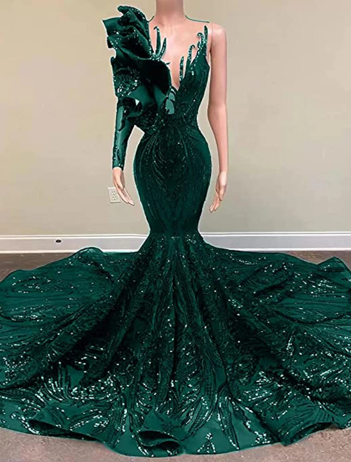 Wholesale Mermaid Party Dress Evening Gown Sparkle Carnival Dress Engagement Formal Evening Court Train Long Sleeve One Shoulder Sequined with Sequin