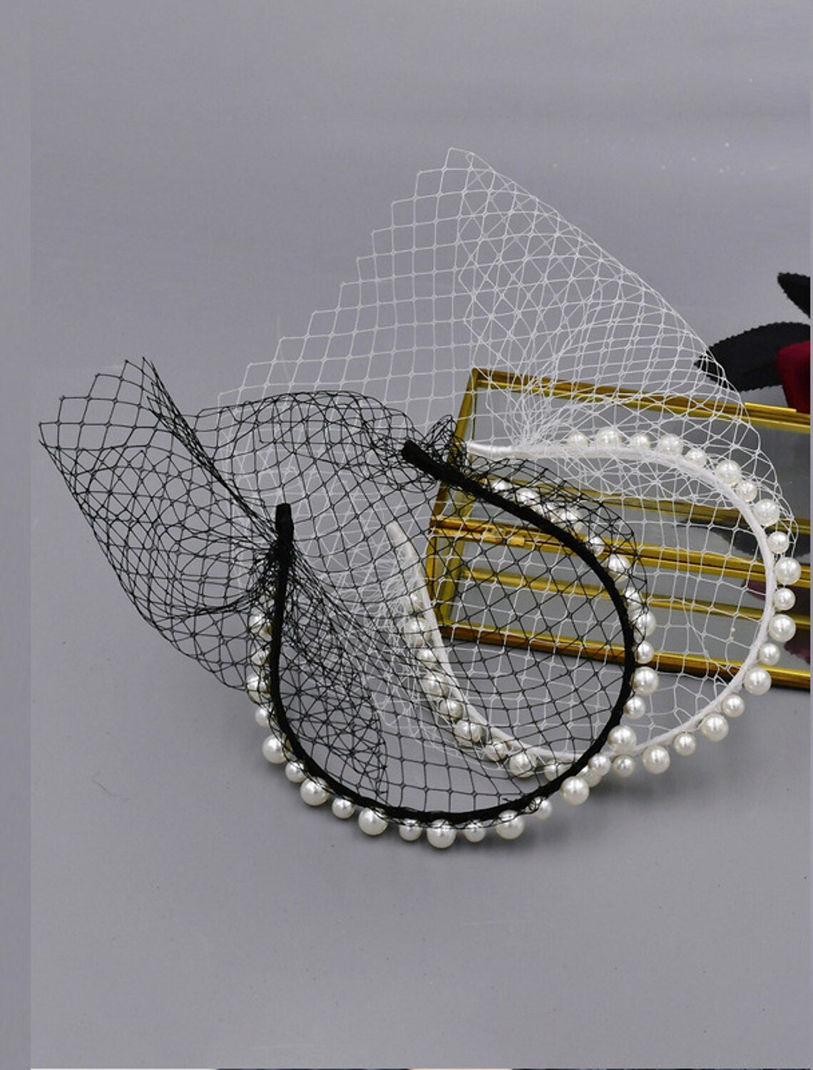 Wholesale One-tier Antique / Pearls Wedding Veil Blusher Veils / Birdcage Veils with Faux Pearl Tulle
