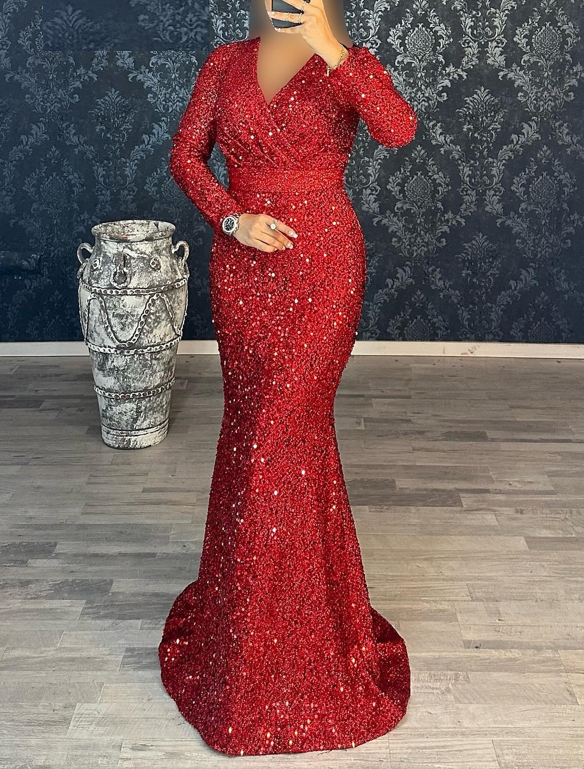 Wholesale Mermaid / Trumpet Evening Gown Christmas Red Green Dress Party Dress Masquerade Black Tie Floor Length Long Sleeve V Neck Belt / Sash Sequined with Ruched