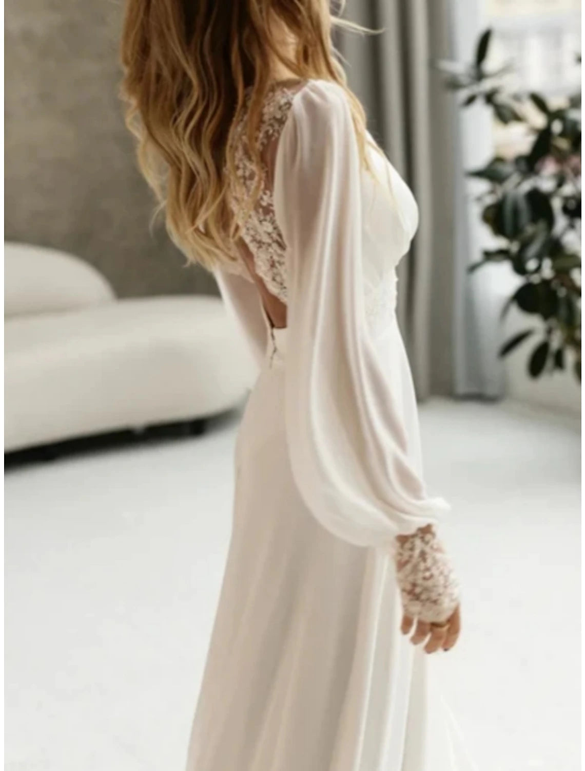 Wholesale Beach Simple Wedding Dresses Formal Wedding Dresses A-Line Illusion Neck Long Sleeve Floor Length Tulle Bridal Gowns With Ruched Beading