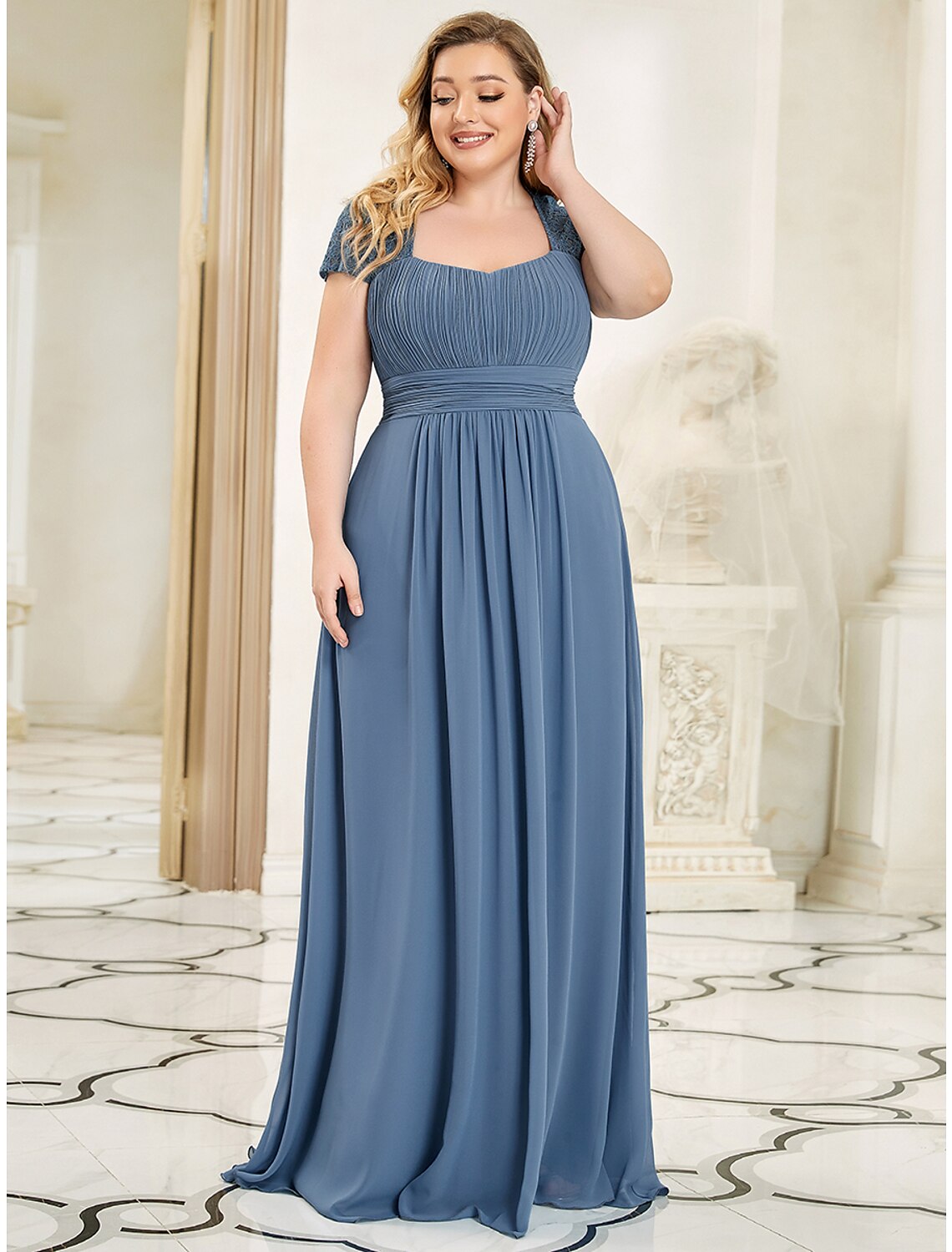 Wholesale  A-Line Evening Gown Plus Size Dress Wedding Guest Prom Floor Length Short Sleeve Sweetheart Chiffon with Ruched