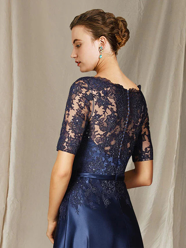 Wholesale A-Line Mother of the Bride Dress Plus Size Elegant Jewel Neck Floor Length Lace Charmeuse Short Sleeve with Bow(s) Appliques