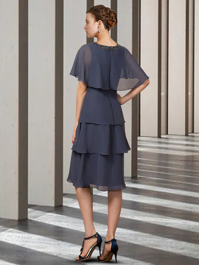 Wholesale Sheath / Column Mother of the Bride Dress Elegant Jewel Neck Knee Length Chiffon Short Sleeve with Beading Ruffles