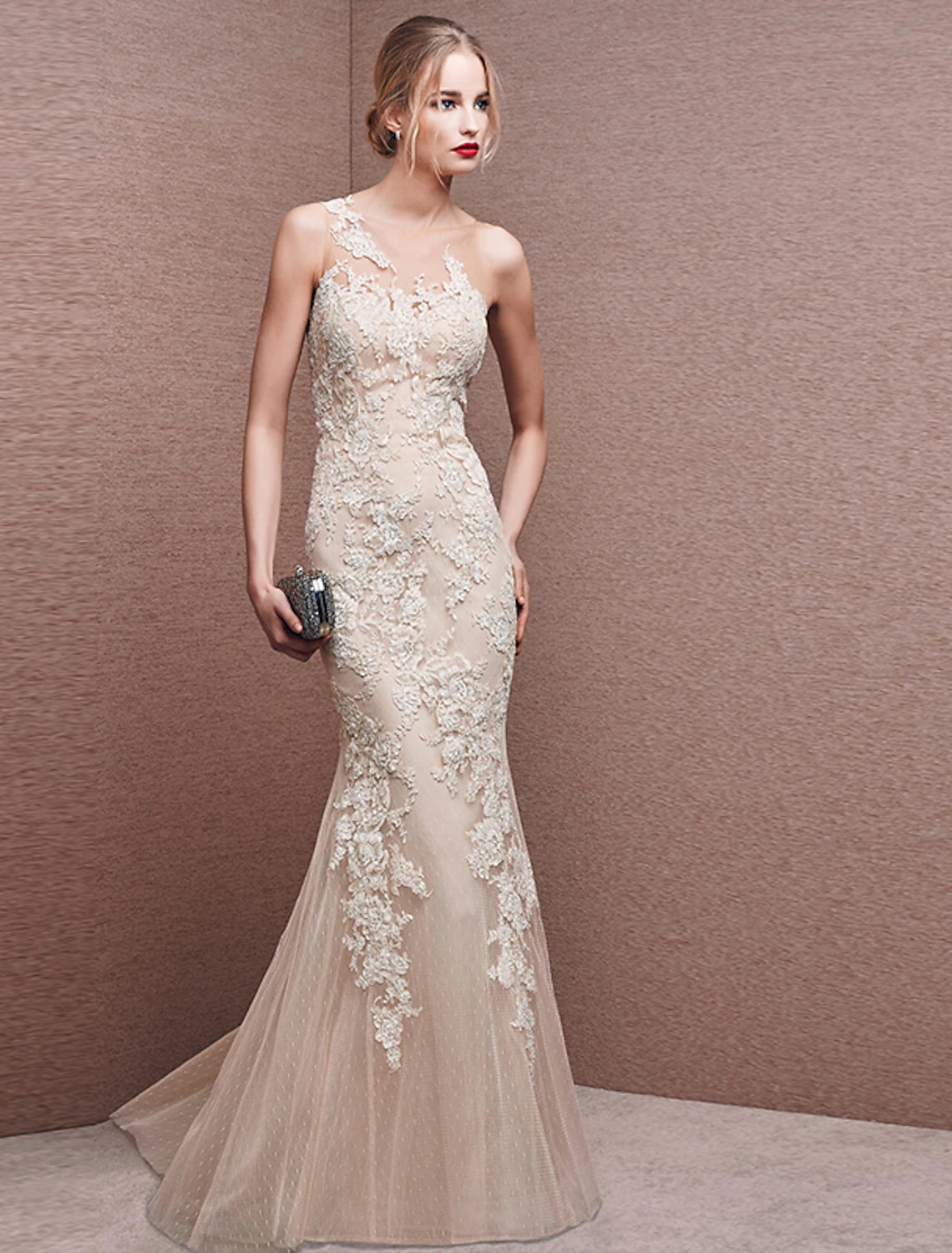 Wholesale Mermaid / Trumpet Beautiful Back White Engagement Formal Evening Dress Illusion Neck Sleeveless Floor Length Lace with Appliques
