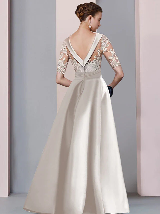Wholesale A-Line Mother of the Bride Dress Wedding Guest Elegant Scoop Neck Floor Length Satin Lace Half Sleeve with Bow(s) Appliques Split Front