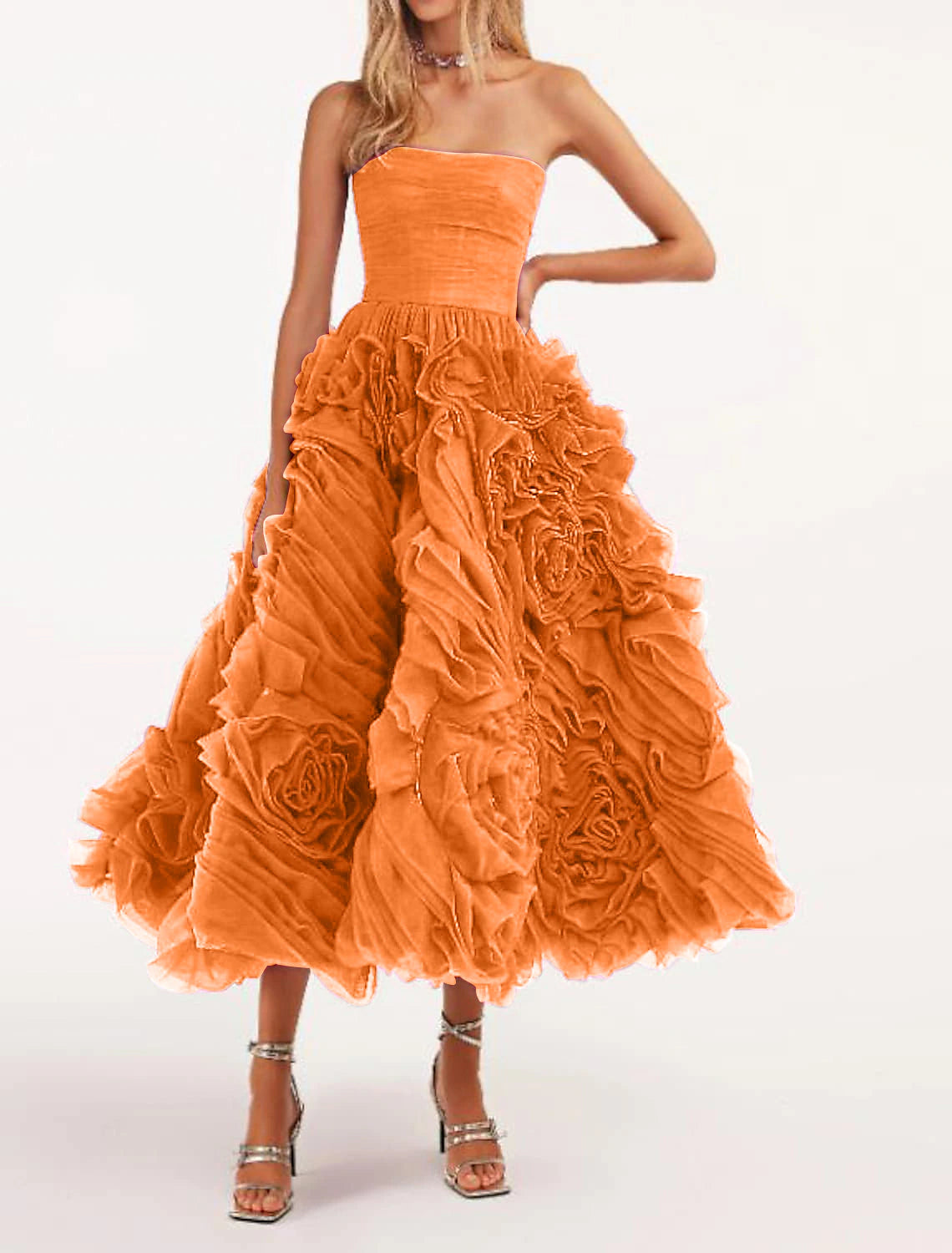 Wholesale A-Line Prom Dresses Floral Dress Masquerade Ankle Length Sleeveless Strapless Tulle Backless with Floral