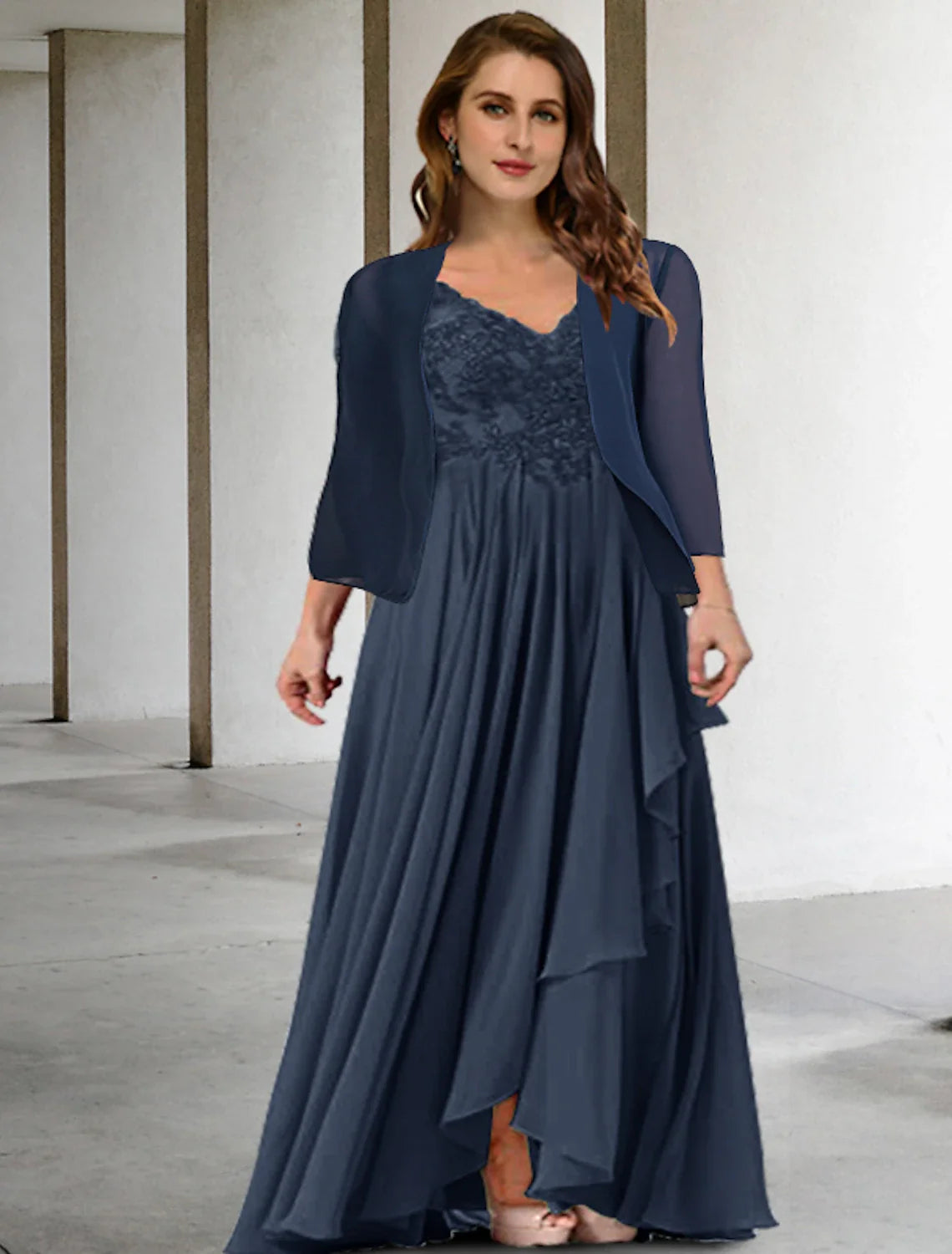 Wholesale Two Piece A-Line Mother of the Bride Dresses Plus Size Hide Belly Curve Elegant Dress Formal Floor Length Half Sleeve V Neck Chiffon with Pleats Appliques