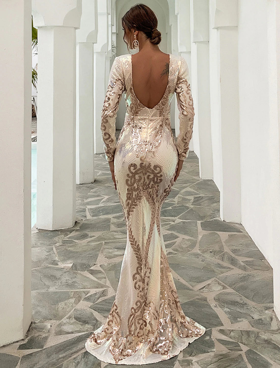 Wholesale Mermaid / Trumpet Evening Gown Sparkle & Shine Dress Formal Wedding Guest Sweep / Brush Train Long Sleeve Jewel Neck Polyester Backless with Sequin