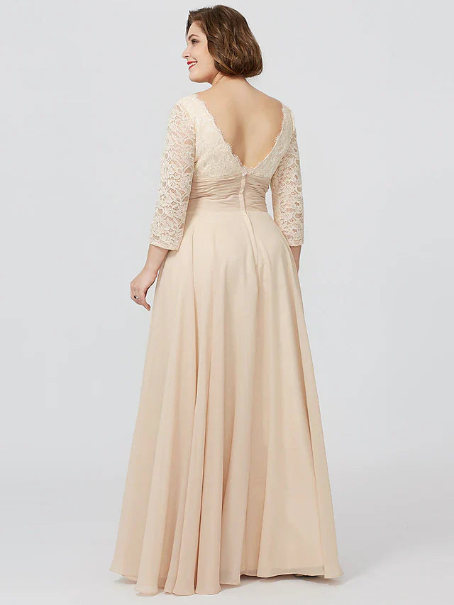 Wholesale Sheath / Column Mother of the Bride Dress Formal Classic & Timeless Elegant & Luxurious Plus Size Square Neck Floor Length Chiffon Metallic Lace 3/4 Length Sleeve No with Sash / Ribbon Flower