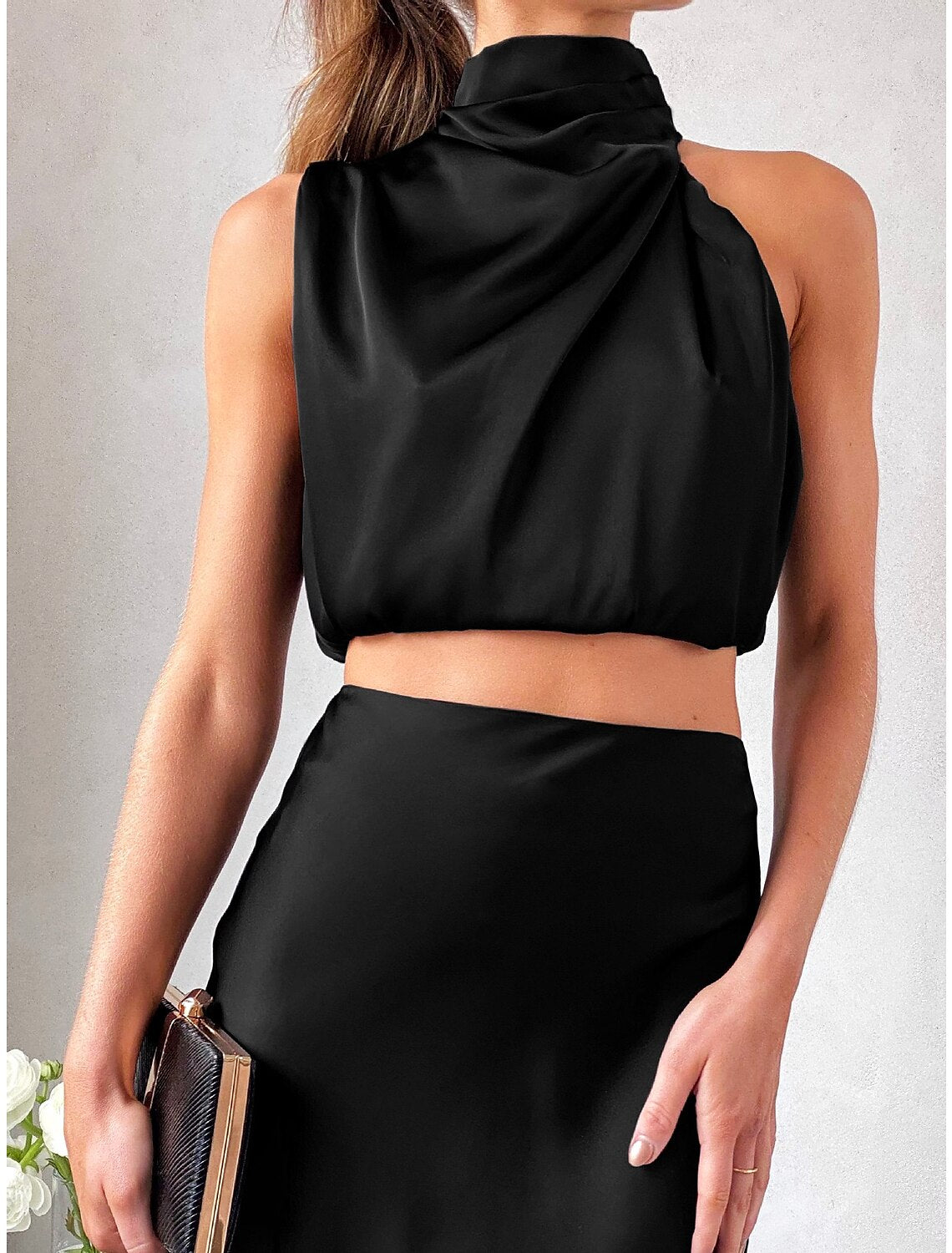 Wholesale Two Piece Sheath / Column Party Dresses Corsets Dress Party Wear Wedding Guest Ankle Length Sleeveless High Neck Satin with Overskirt