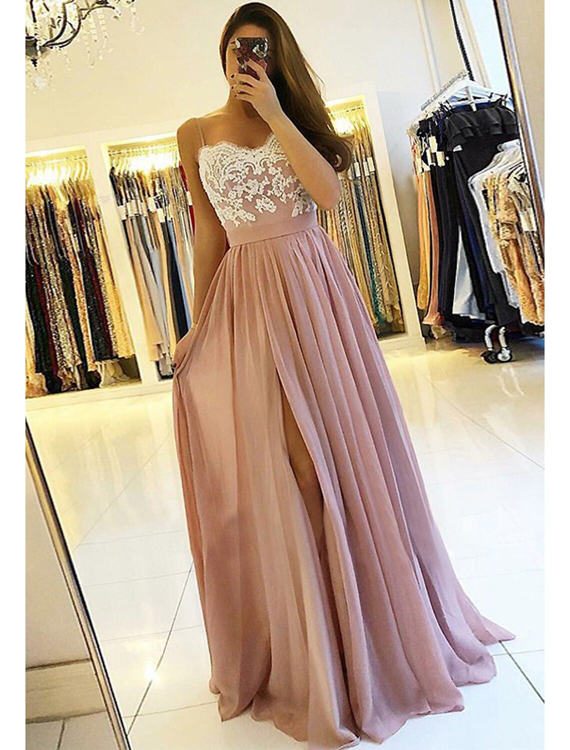 Wholesale  A-line/Princess Sweetheart Sleeveless Long/Floor-Length Chiffon Prom Dress With Split Appliqued