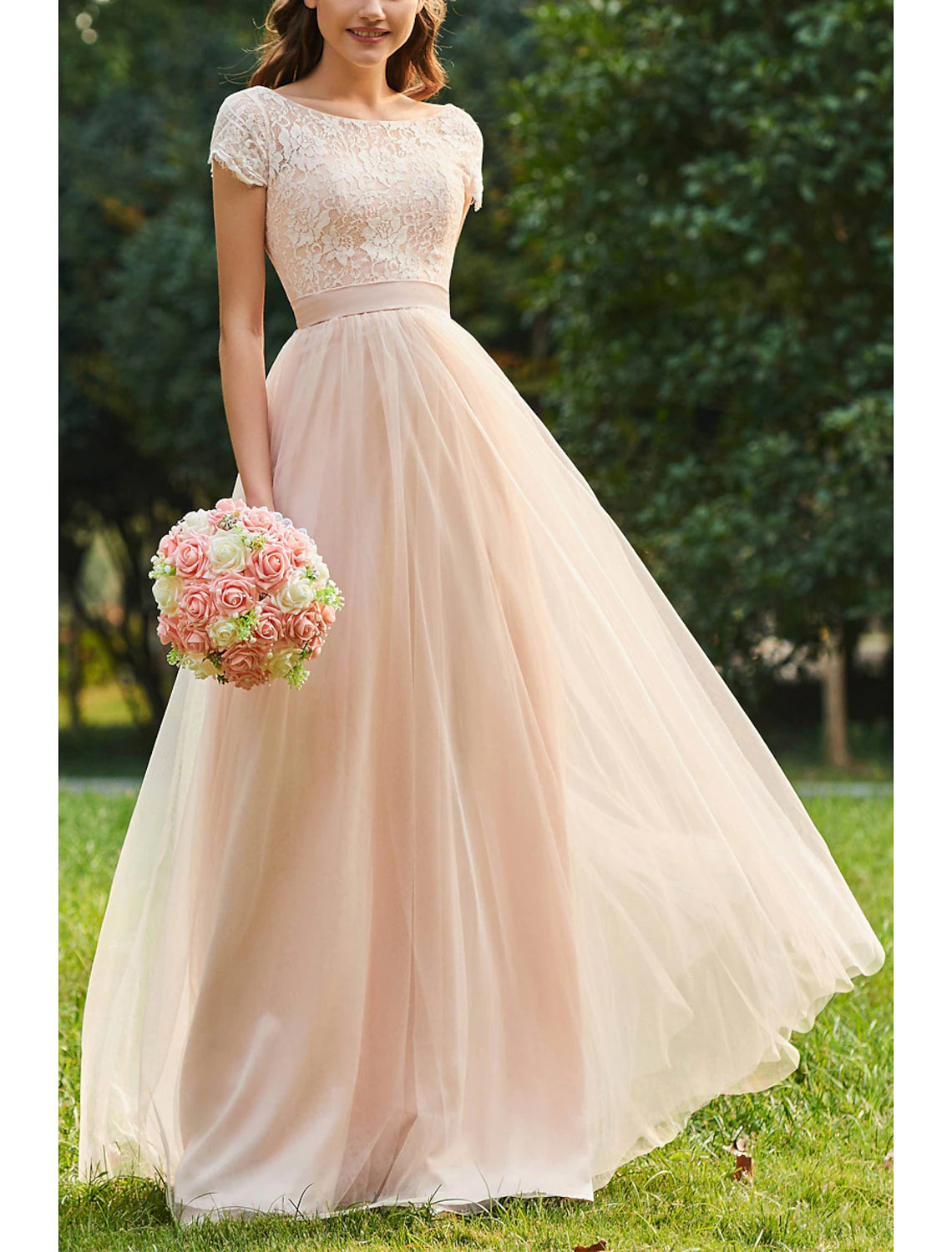 Wholesale A-Line Bridesmaid Dress Jewel Neck Short Sleeve Elegant Floor Length Chiffon / Lace with Lace / Pleats