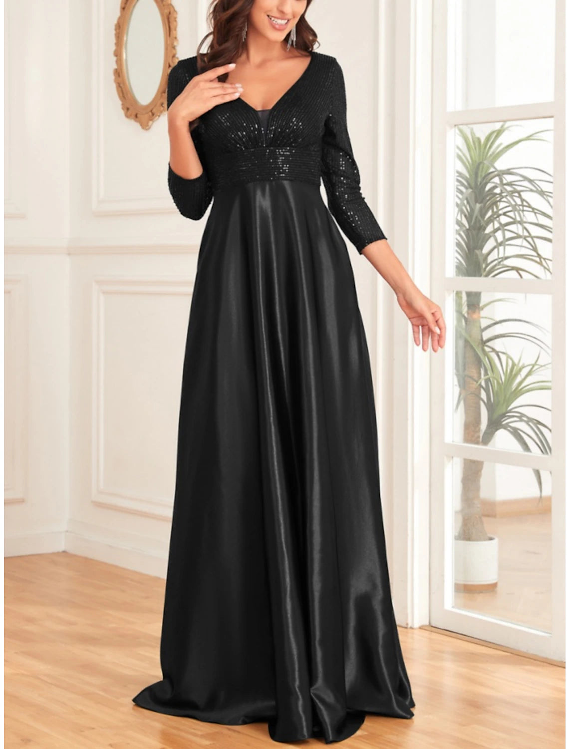 Wholesale A-Line Mother of the Bride Dress Wedding Guest Elegant V Neck Floor Length Satin 3/4 Length Sleeve with Sequin Ruching