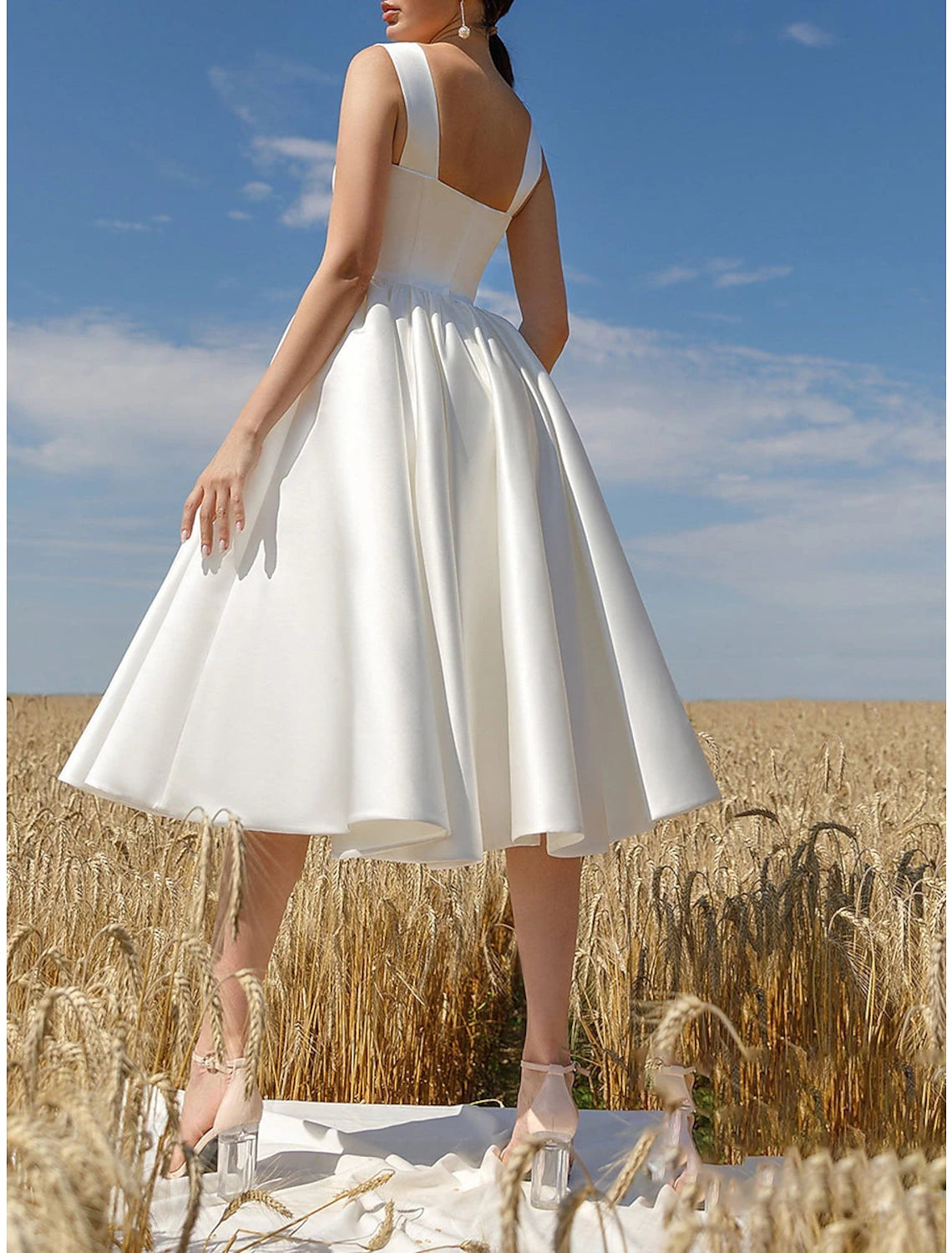 Wholesale A-Line Cocktail Dresses Elegant Dress Wedding Guest Graduation Tea Length Short Sleeve Scoop Neck Italy Satin with Sleek