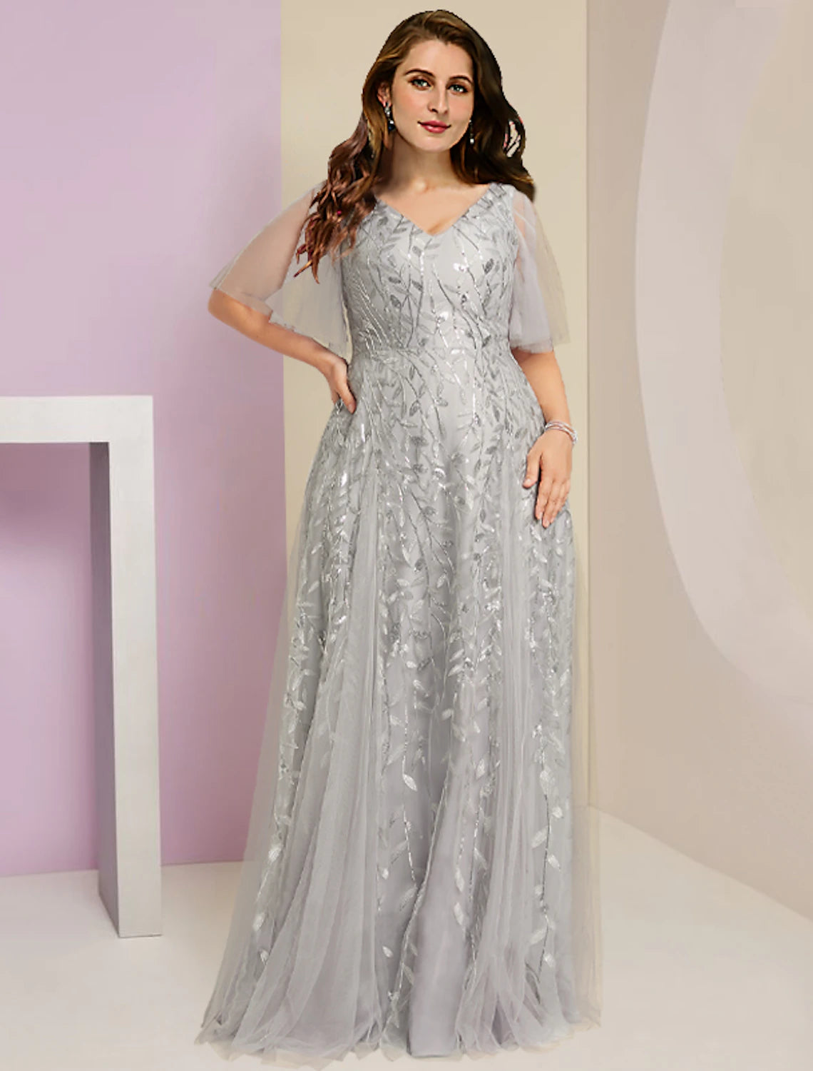 Wholesale  Mother of the Bride Dresses Plus Size Curve Hide Belly Party Sparkle & Shine V Neck Floor Length Lace Tulle Short Sleeve with Pleats Sequin