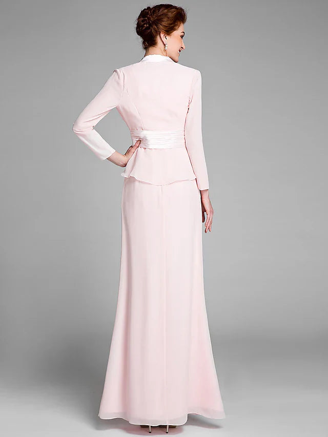 Wholesale Mermaid / Trumpet Mother of the Bride Dress Convertible Dress Scoop Neck Floor Length Chiffon Long Sleeve Wrap Included with Sash / Ribbon