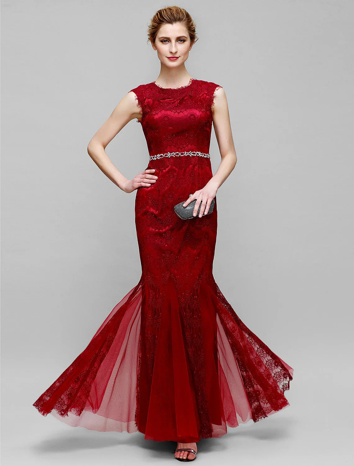 Wholesale Mermaid / Trumpet Mother of the Bride Dress Jewel Neck Ankle Length Lace Tulle Sleeveless No with Lace Crystals