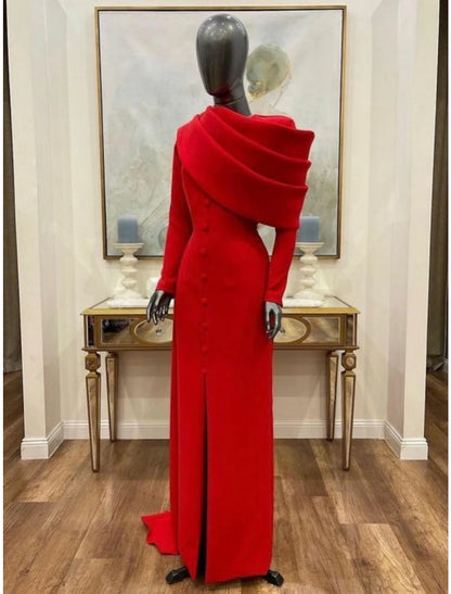 Wholesale Sheath / Column Red Black Christmas Red Green Dress Evening Gown Elegant Cape Dress Formal Fall Sweep / Brush Train Long Sleeve Cowl Neck Stretch Fabric with Buttons Slit