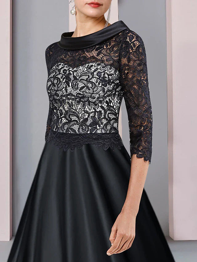Wholesale A-Line Mother of the Bride Dress Formal Wedding Guest Party Elegant Bateau Neck Tea Length Satin Lace Half Sleeve with Pleats Appliques