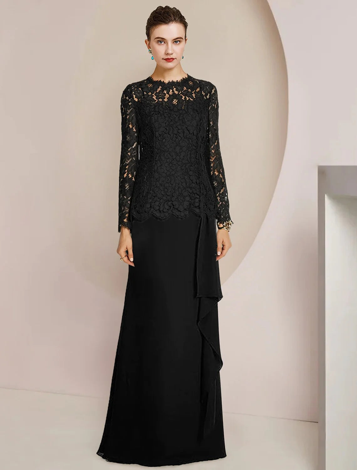 Wholesale A-Line Mother of the Bride Dress Formal Wedding Guest Vintage Elegant Scoop Neck Floor Length Chiffon Lace Long Sleeve with Ruching