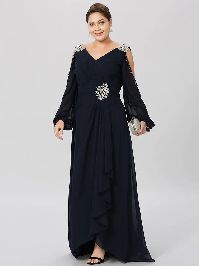 Wholesale Sheath / Column Mother of the Bride Dress Plus Size Elegant High Low V Neck Asymmetrical Chiffon Stretch Satin Long Sleeve with Criss Cross Crystals