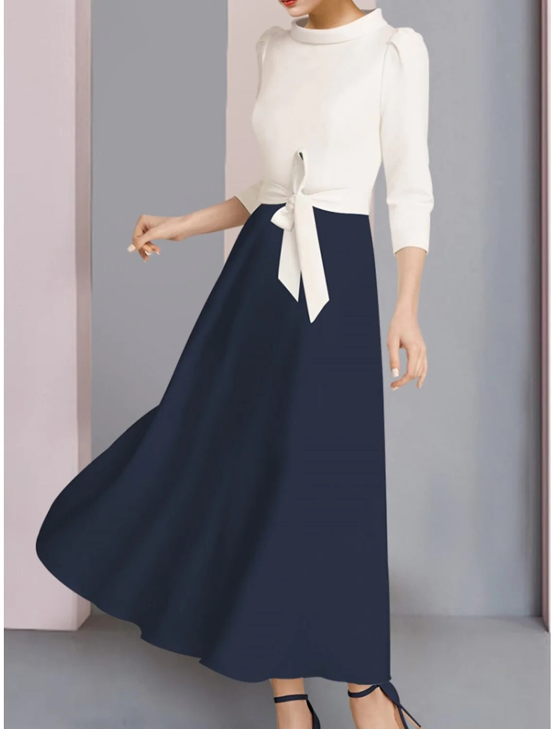 Wholesale A-Line Mother of the Bride Dress Wedding Guest Elegant Scoop Neck Ankle Length Stretch Fabric 3/4 Length Sleeve with Bow(s) Ruching