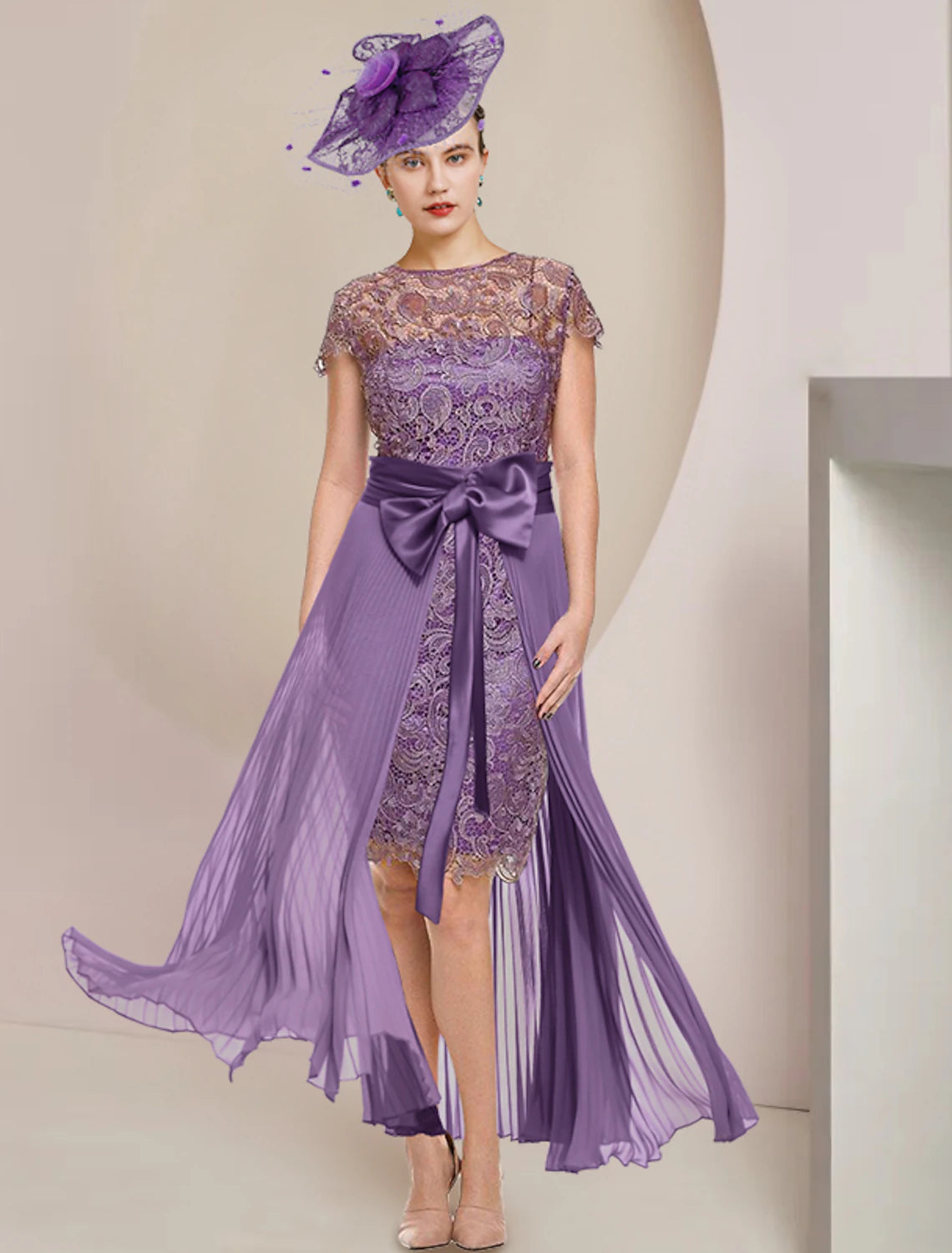 Wholesale  Two Piece Sheath / Column Mother of the Bride Dress Formal Wedding Guest Elegant detachable Scoop Neck Knee Length Chiffon Lace Short Sleeve with Bow(s) Pleats Appliques