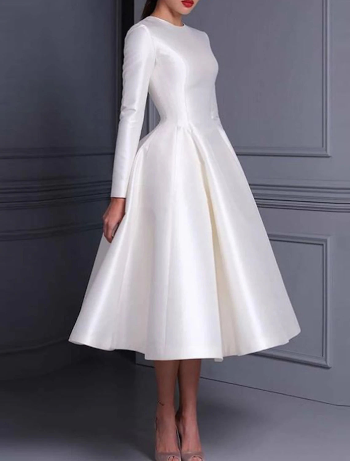 Wholesale Ball Gown Cocktail Dresses Cute Dress Wedding Tea Length Long Sleeve Jewel Neck Fall Wedding Guest Satin with Pleats Pure Color