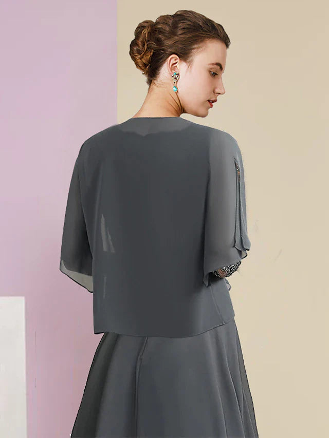 Wholesale Two Piece A-Line Mother of the Bride Dress Formal Wedding Guest Party Elegant Square Neck Asymmetrical Tea Length Chiffon Lace 3/4 Length Sleeve Wrap Included with Ruched Appliques