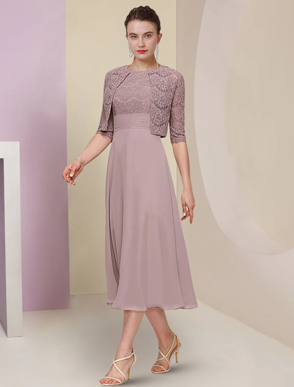 Wholesale  Two Piece Mother of the Bride Dress Wedding Guest Church Elegant Jewel Neck Tea Length Chiffon Lace Half Sleeve with Solid
