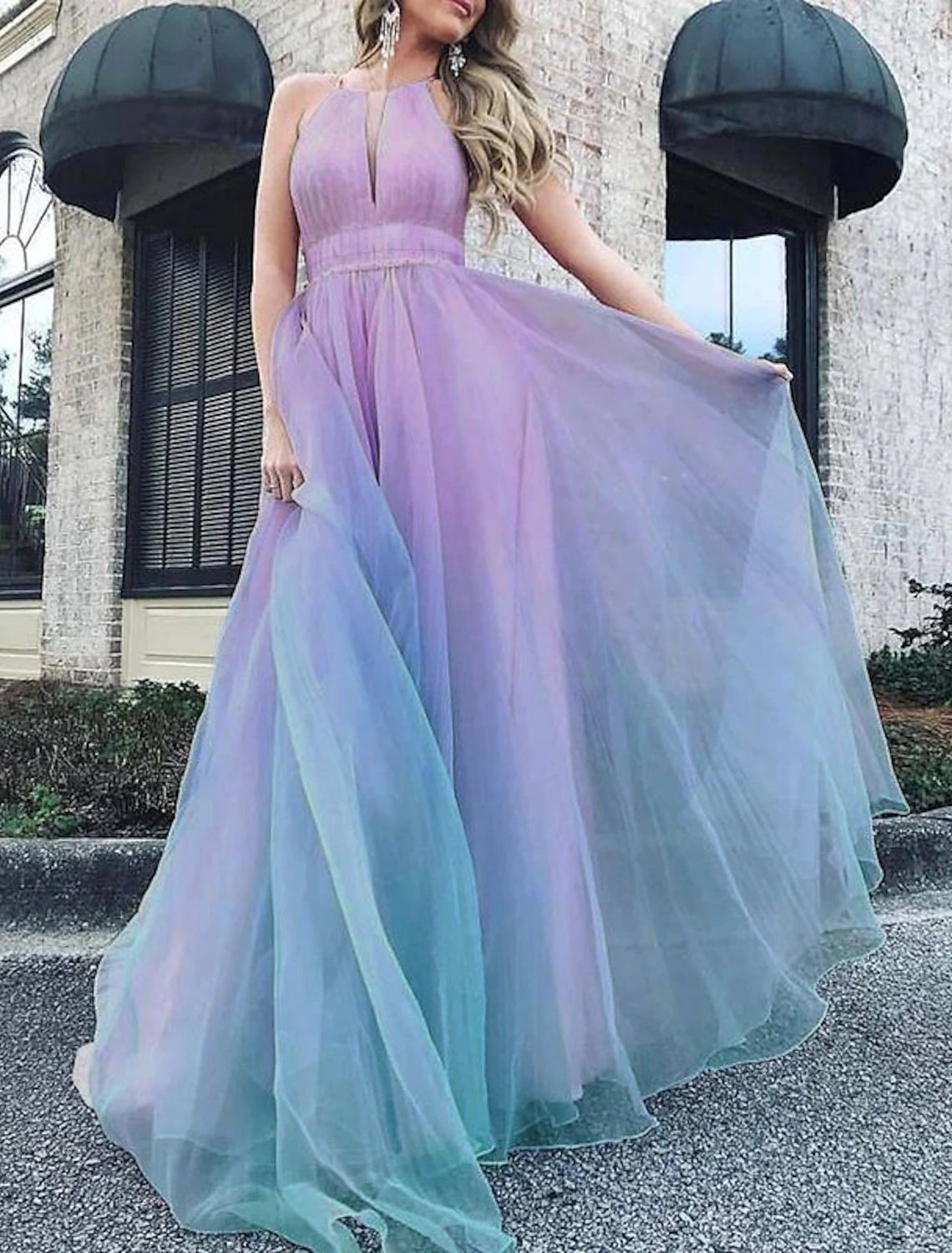 Wholesale A-Line Ombre Fairy Prom Valentine's Day Dress Jewel Neck Sleeveless Floor Length Chiffon with Sleek Pleats