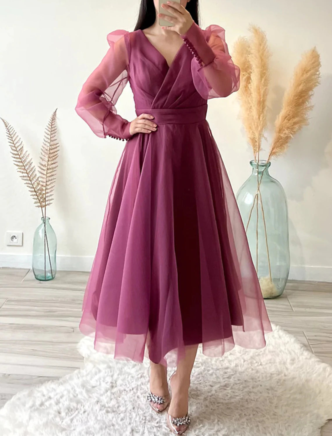 Wholesale A-Line Cocktail Dresses Minimalist Dress Christmas Wedding Guest Tea Length Long Sleeve V Neck Organza with Buttons Pure Color