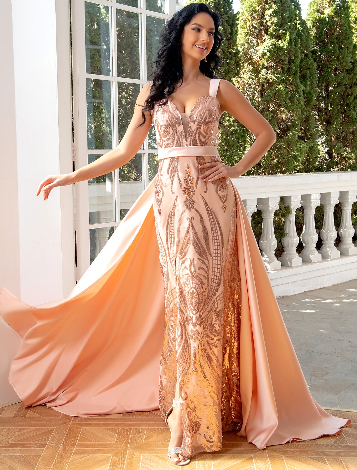 Wholesale  Mermaid / Trumpet Evening Gown Luxurious Dress Wedding Party Floor Length Sleeveless V Neck Detachable Satin with Sequin Slit