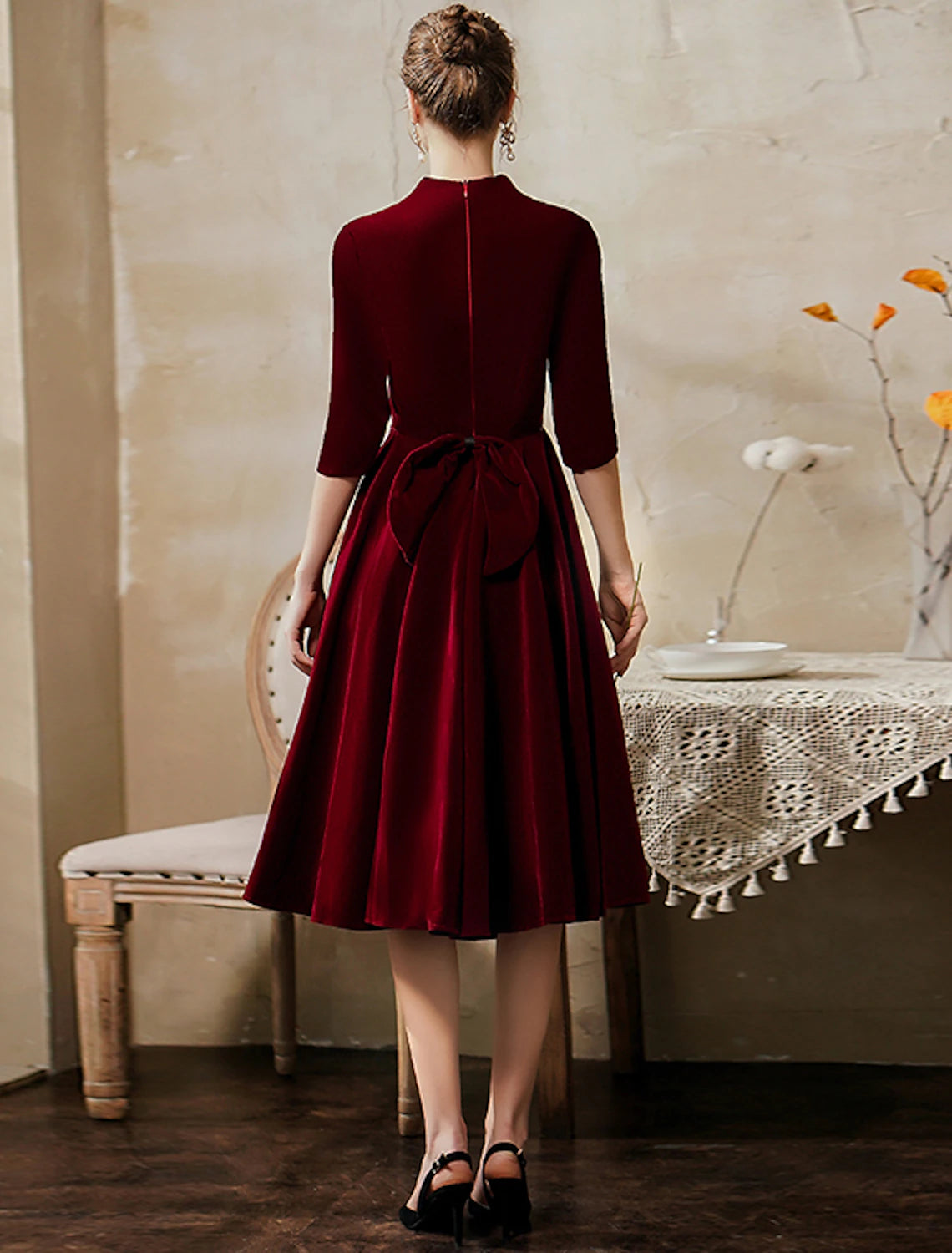 Wholesale A-Line Cocktail Dresses Vintage Dress Wedding Guest Party Wear Tea Length Half Sleeve V Neck Fall Wedding Guest Velvet with Sleek