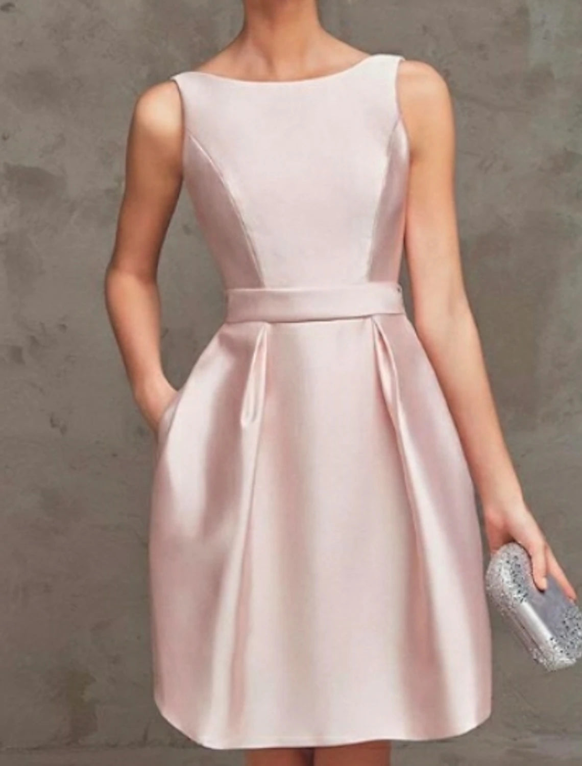 Wholesale A-Line Cocktail Dresses Party Dress Wedding Guest Graduation Short / Mini Sleeveless Boat Neck Pink Dress Satin V Back with Pleats