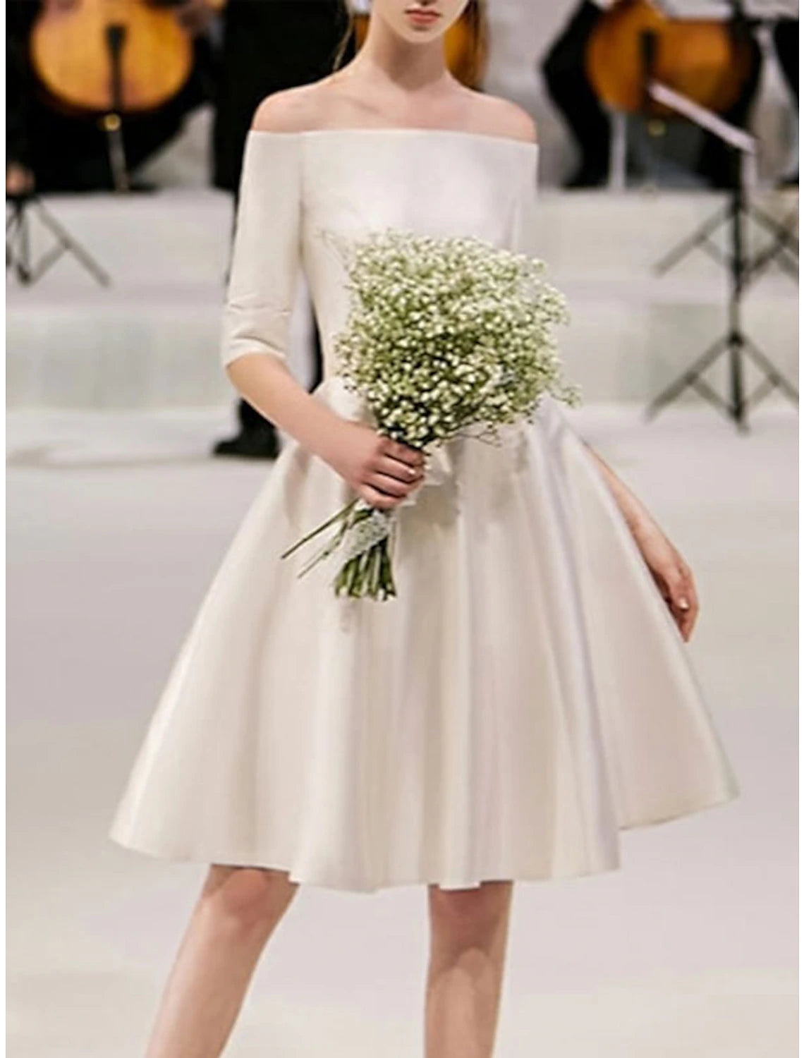 Wholesale A-Line Homecoming Dresses Minimalist Dress Sweet 16 Birthday Knee Length Half Sleeve Off Shoulder Cotton with Pure Color