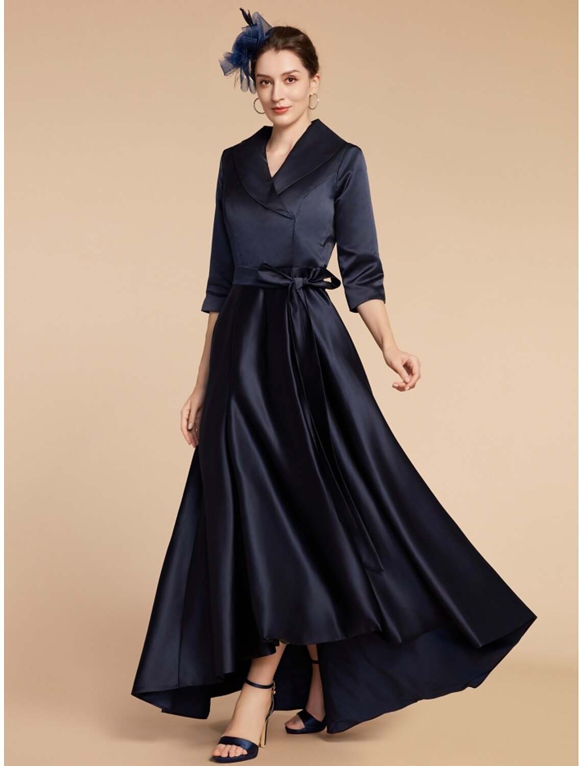 Wholesale A-Line Mother of the Bride Dress Wedding Guest Elegant V Neck Ankle Length Satin Half Sleeve with Sash / Ribbon Ruching Solid Color
