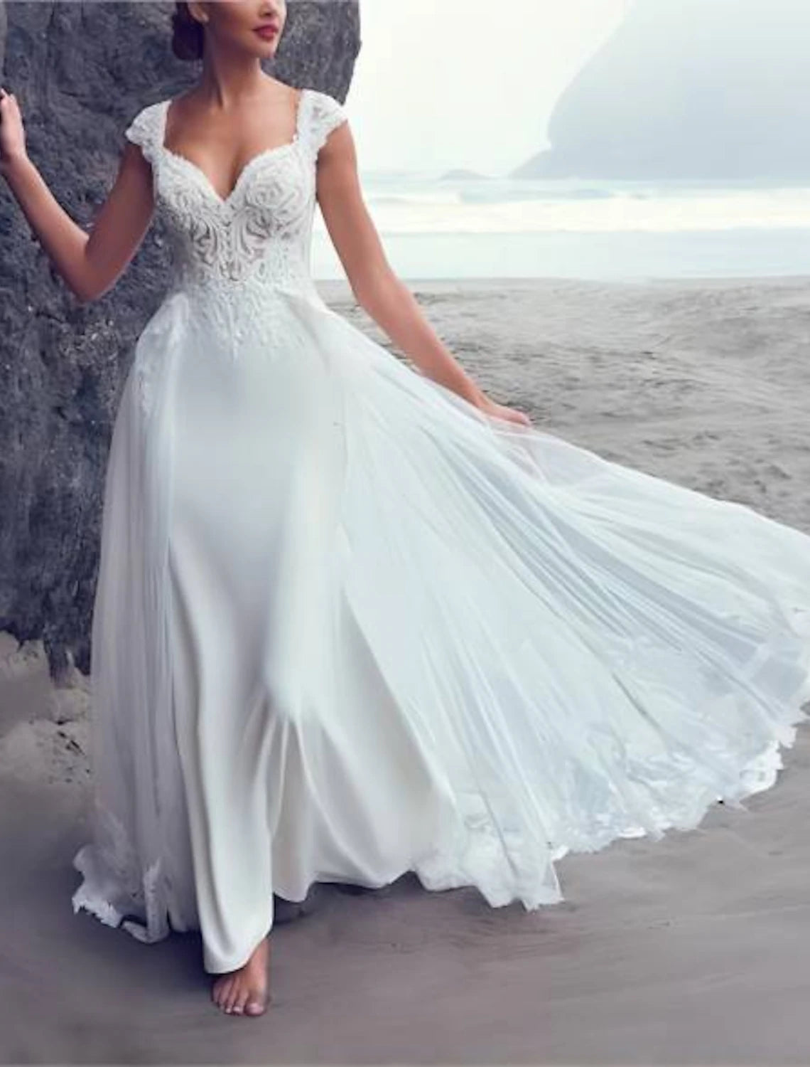 Wholesale Beach Boho Wedding Dresses Mermaid / Trumpet V Neck Cap Sleeve Court Train Chiffon OverSkirts Bridal Gowns With Embroidery Appliques