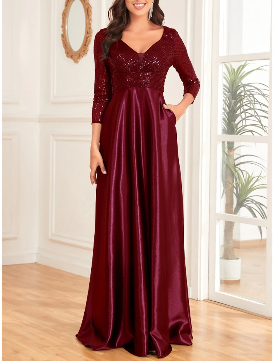 Wholesale A-Line Mother of the Bride Dress Wedding Guest Elegant V Neck Floor Length Satin 3/4 Length Sleeve with Sequin Ruching