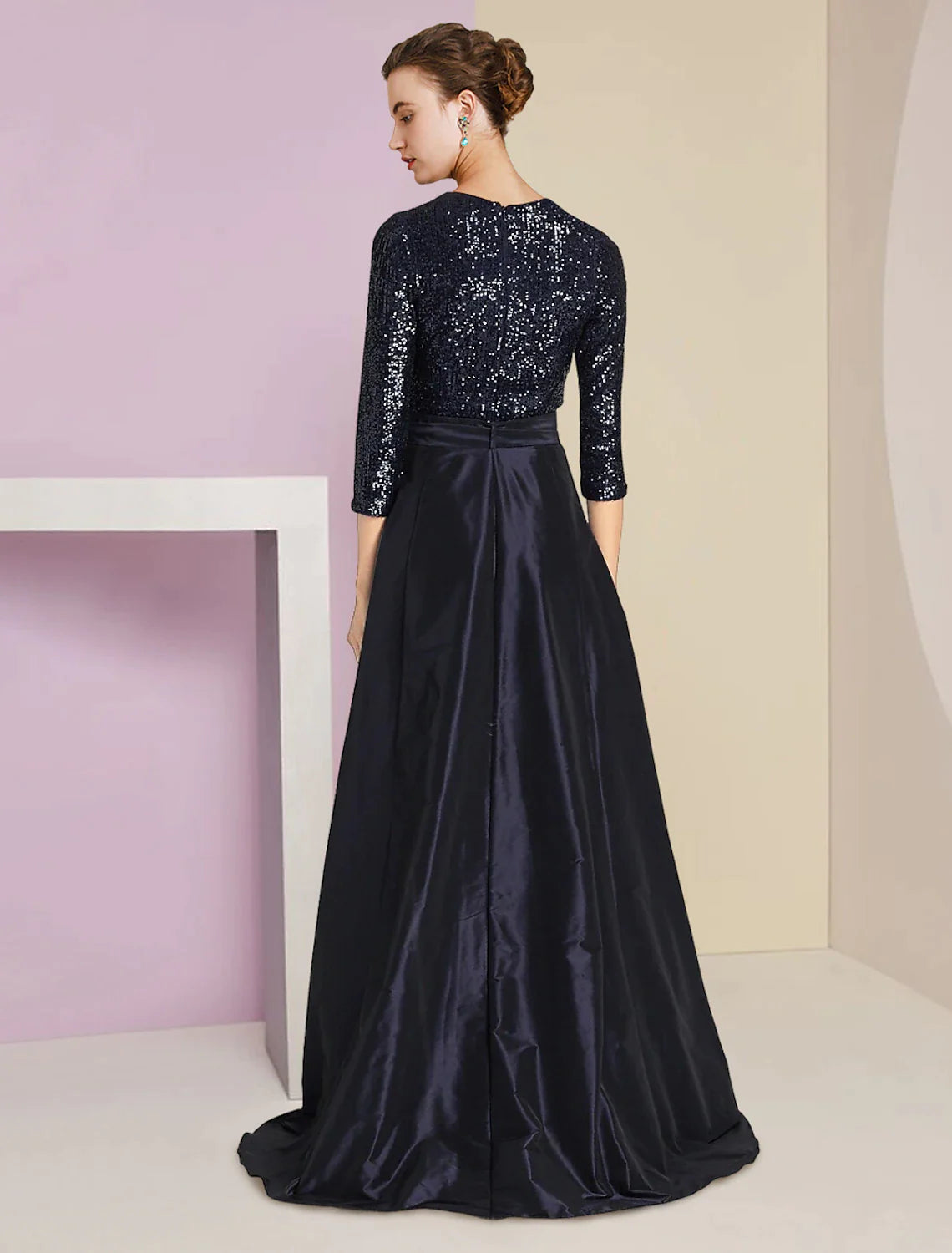 Wholesale Two Piece Sheath / Column Mother of the Bride Dress Formal Wedding Guest Sparkle & Shine Elegant Scoop Neck Floor Length Detachable Taffeta Sequined 3/4 Length Sleeve with Bow(s)