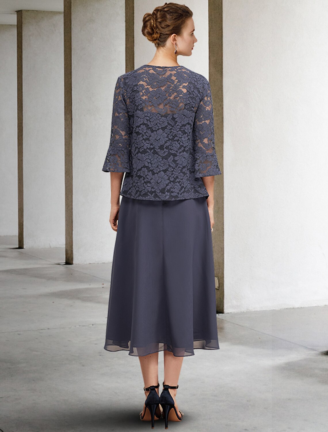 Wholesale  A-Line 3 Piece Mother of the Bride Dress Plus Size Elegant Square Neck Tea Length Chiffon Lace Sleeveless Wrap Included Jacket Dresses with Crystals Ruffles